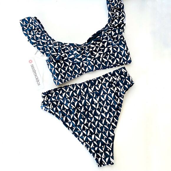 NEW SISSTREVOLUTION ANTHROPOLOGIE Black White Navy Ruffle Top High Rise Bikini S - Picture 8 of 9